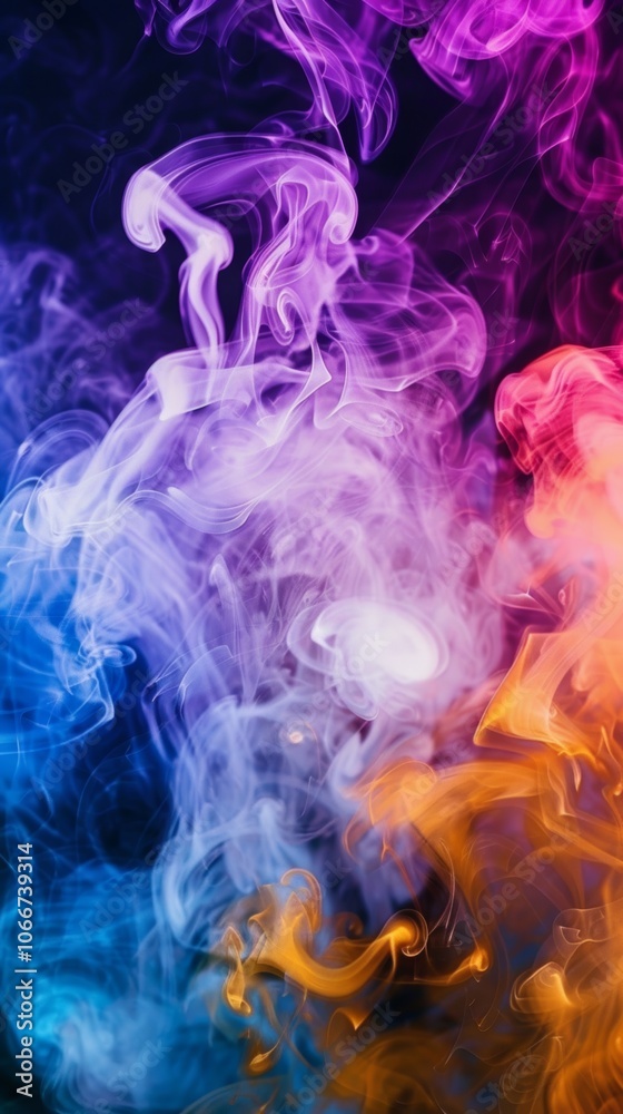 Swirling plumes of vibrant smoke create an ethereal abstract design with colorful patterns against a dark gradient background, showcasing hues of purple, pink, blue, and orange