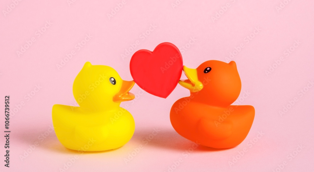 Two rubber ducks with red heart on pink background. Two rubber ducks with red heart on pink background.
