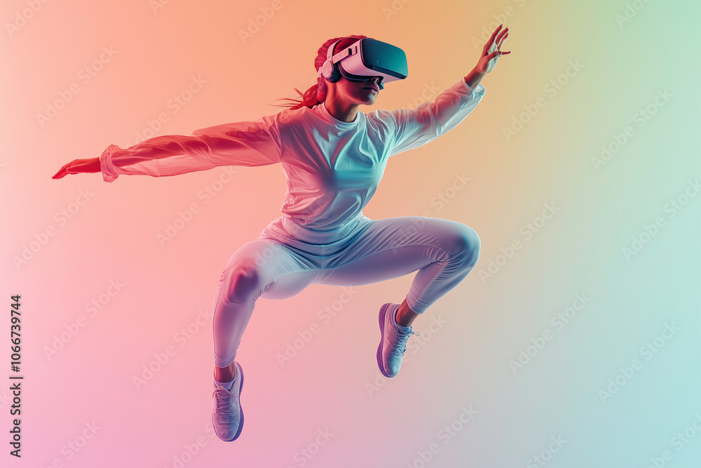 White studio photo of a person wearing a virtual reality headset, caught mid-air in a powerful jump. The individualâs legs are bent slightly as they rise, arms raised as if engagin White studio photo of a person wearing a virtual reality headset, caught mid-air in a powerful jump. The individualâs legs are bent slightly as they rise, arms raised as if engagin