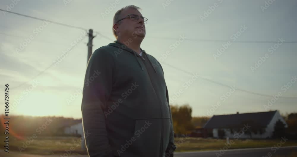Man standing on rural road at dusk with serene expression, sunset glow in background, rural scene, peaceful moment, open landscape, solitude in countryside Man standing on rural road at dusk with serene expression, sunset glow in background, rural scene, peaceful moment, open landscape, solitude in countryside