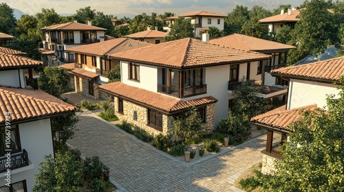 Contemporary Bulgarian coastal townhouses with peach roof tiles, award-winning design.