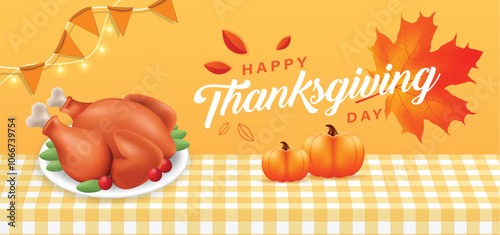 3d Thanksgiving Greeting Card. a festive table with a tablecloth with baked turkey and pumpkin on the background of a congratulatory inscription. flat vector illustration