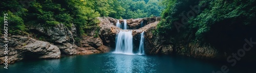Powerful waterfall cascading over rugged rocks into a serene blue pool, nature's breathtaking display of beauty.