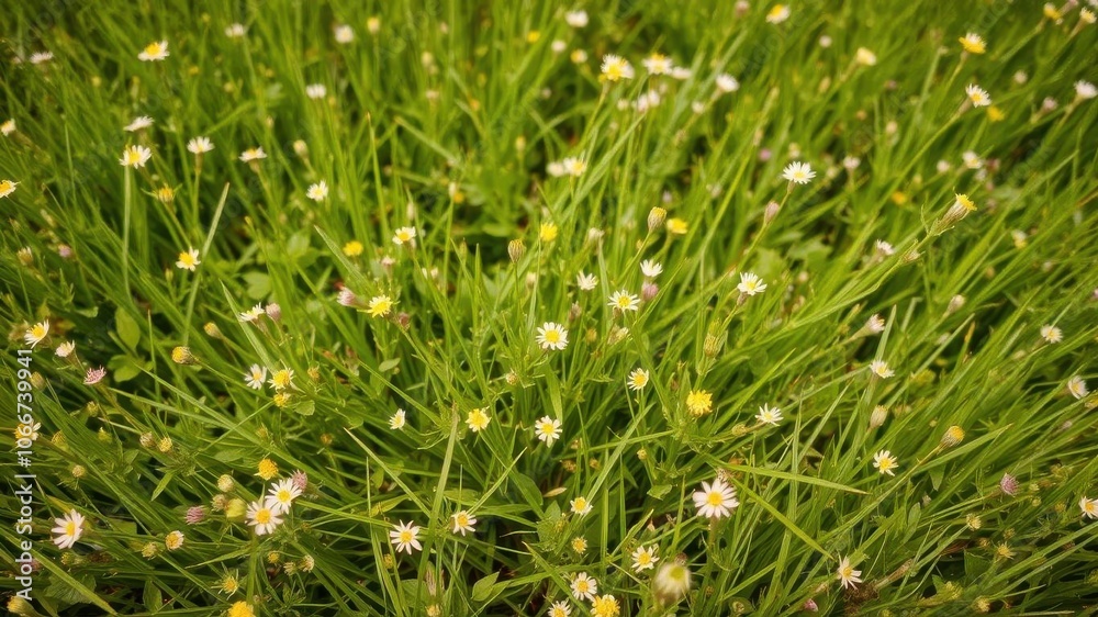 Obraz premium Vivid and vibrant green grass meadow with small wildflowers, grass, vegetation