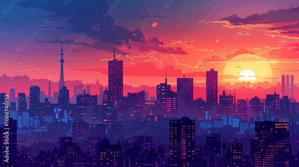 Fototapeta premium A city skyline with a colorful sunset and stars.