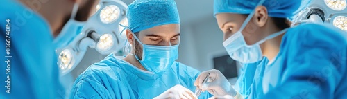 A surgical team in blue scrubs performs an operation, focused on precision and teamwork under bright surgical lights.