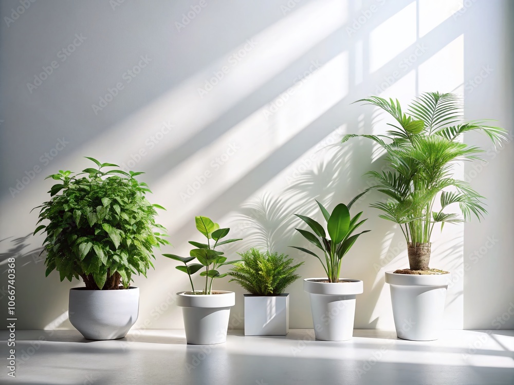 Surreal Home Plants in White Pots with Sunlight and White Wall Background for Artistic Interior Design and Nature Lovers Surreal Home Plants in White Pots with Sunlight and White Wall Background for Artistic Interior Design and Nature Lovers