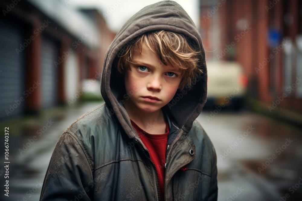 Portrait of a boy in a hooded jacket on the street Portrait of a boy in a hooded jacket on the street