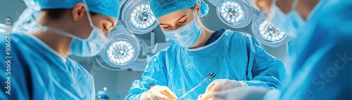A team of surgeons performs a procedure in an operating room, showcasing advanced medical practices and teamwork in a sterile environment.