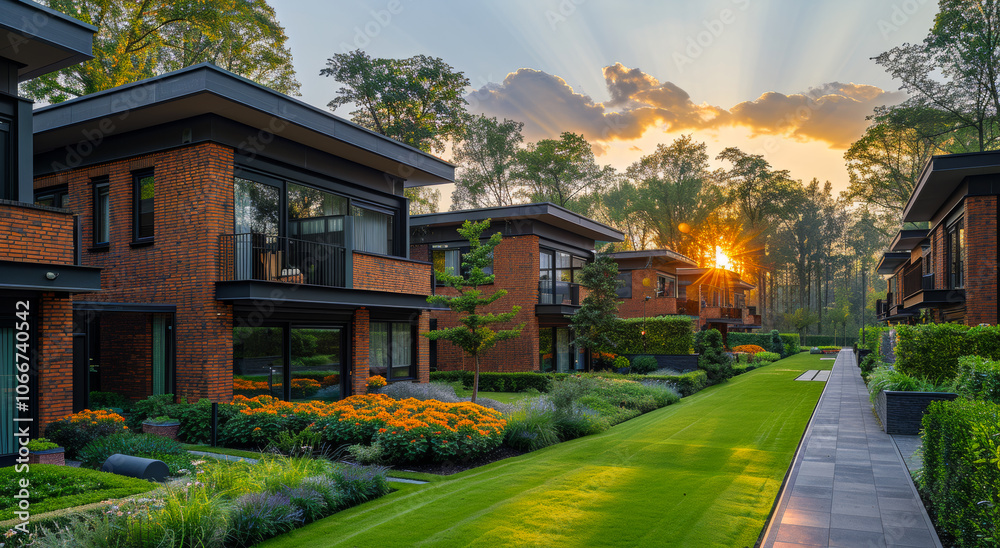 Naklejka premium A row of houses with a brick facade and a green lawn. The houses are situated in a residential area with a path leading to them. The sun is setting, casting a warm glow over the scene