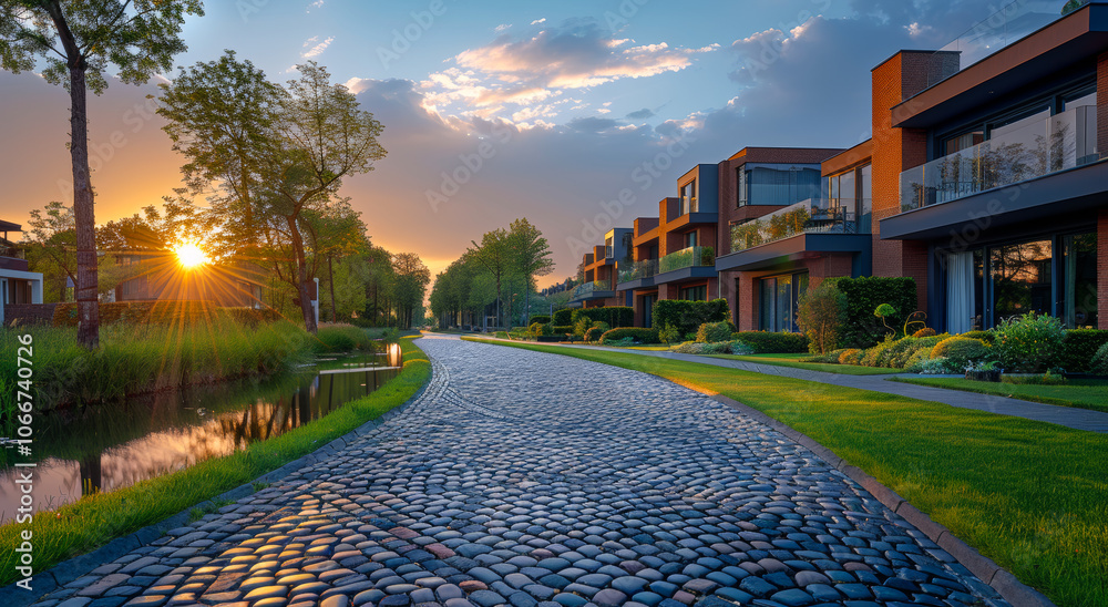 A street with a brick road and houses on either side. The houses are all different sizes and are lined up along the street. The sun is setting, casting a warm glow over the scene A street with a brick road and houses on either side. The houses are all different sizes and are lined up along the street. The sun is setting, casting a warm glow over the scene