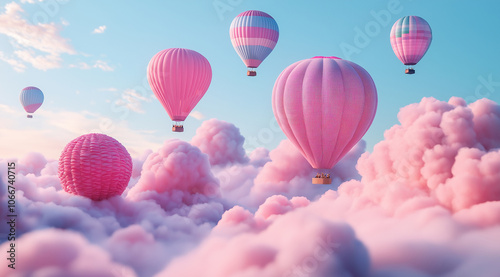  colorful hot air balloons flying over the pink clouds. The sky is clear blue, with soft pastel colors. The balloons have various shapes and sizes, including small roun photo