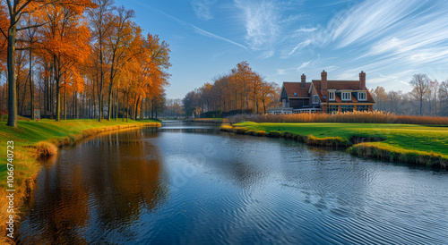 A house sits on a lake with a view of the water. The house is surrounded by trees and the water is calm. The scene is peaceful and serene