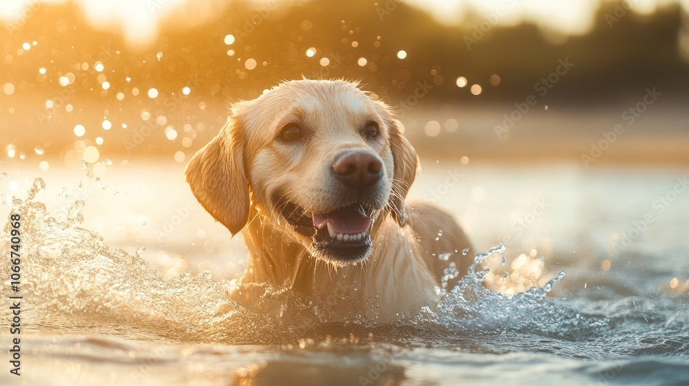 Golden Retriever Dog Swimming in Water with a Golden Sunset Behind Golden Retriever Dog Swimming in Water with a Golden Sunset Behind