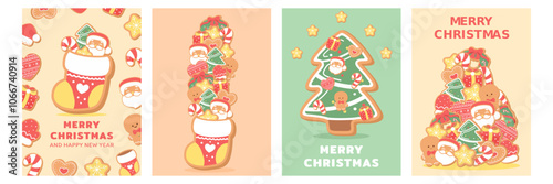 Merry Christmas cards set. Cut gingerbread cookies.