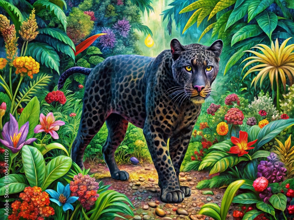Fototapeta premium Surreal Mosaic Oil Painting of a Black Leopard in a Lush Jungle Setting, Vivid Colors, Intricate Patterns, Exotic Flora, Wildlife Art, Nature, Fantasy, Dreamlike Atmosphere