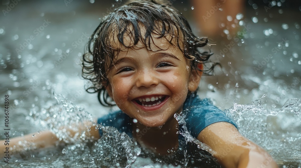A Boy Smiles Joyfully While Splashing in Water A Boy Smiles Joyfully While Splashing in Water