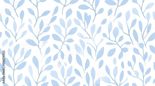 A seamless pattern of light blue leaves on a white background, creating a serene and elegant design suitable for fabric or wallpaper.