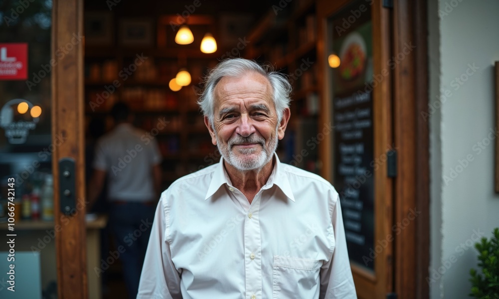 A cheerful senior man with a white beard wearing a crisp white shirt stands smiling in front of a storefront, with warm lighting and wooden frames visible in the background A cheerful senior man with a white beard wearing a crisp white shirt stands smiling in front of a storefront, with warm lighting and wooden frames visible in the background