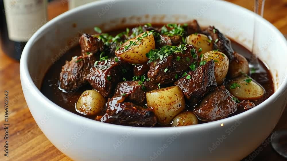 A bowl of hearty beef stew with potatoes and herbs sits on a wooden table, ready to be enjoyed on a chilly evening A bowl of hearty beef stew with potatoes and herbs sits on a wooden table, ready to be enjoyed on a chilly evening