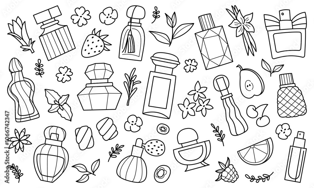 Perfume Bottles and Botanical Doodle Elements Perfume Bottles and Botanical Doodle Elements