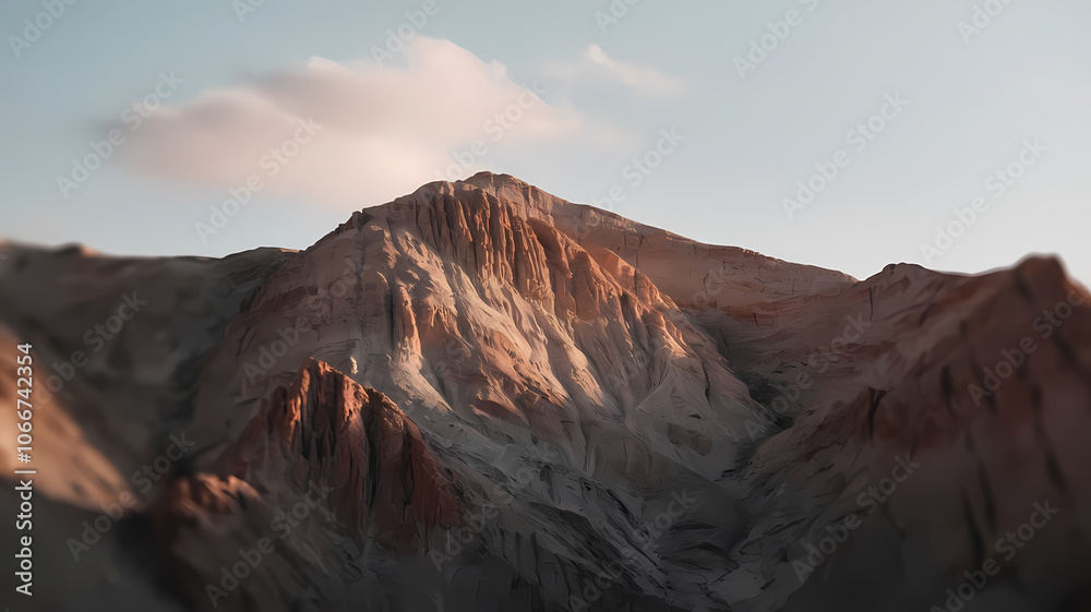 Naklejka premium Scenic view of a majestic mountain at sunrise, showcasing dramatic rocky peaks and soft clouds against a clear sky, highlighting the beauty of nature and outdoor adventure.
