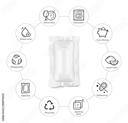 Clear realistic dishwasher capsule with icon set. Icon set shows manual instructions and the main advantages. Vector Illustration isolated in white background. Great for your design. EPS10.