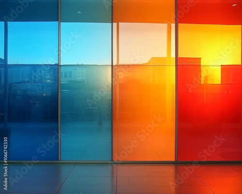 Explore the vibrant gradient of colorful glass panels reflecting a sunset background