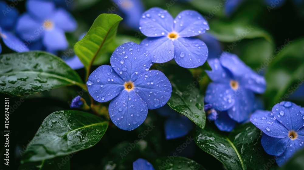 Close-up of blue flowers with water droplets glistening on petals, great for beauty and nature themes Close-up of blue flowers with water droplets glistening on petals, great for beauty and nature themes