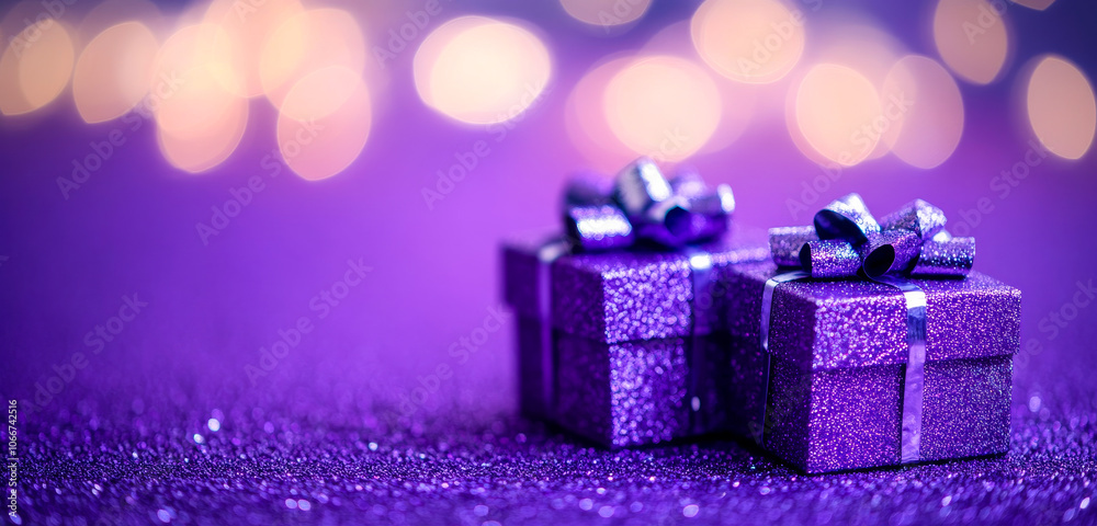 Two purple boxes with ribbons on top of a purple background. The boxes are decorated and appear to be gifts