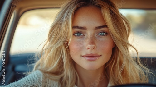 Young woman with freckles, sitting in car, natural lighting, close-up portrait, relaxed look, serene expression, peaceful mood, outdoors, candid moment, casual setting