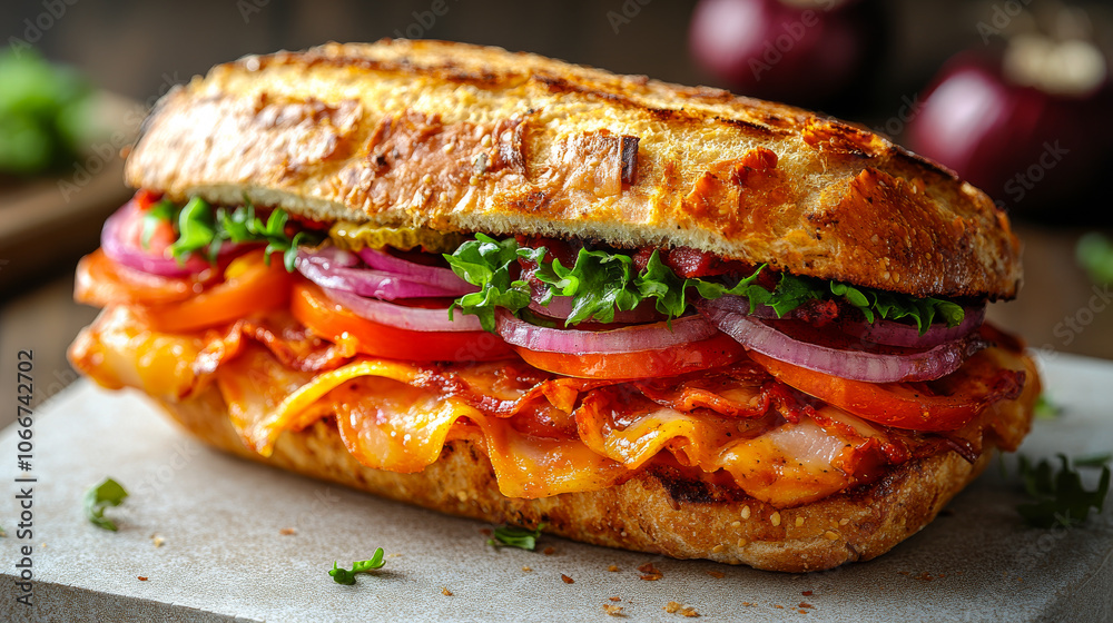A large sandwich with meat, tomatoes, and onions on a wooden table. The sandwich is cut in half and ready to be eaten A large sandwich with meat, tomatoes, and onions on a wooden table. The sandwich is cut in half and ready to be eaten
