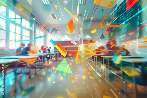 Time-lapse style capture of a dynamic back to school background, showing the movement of colorful geometric shapes and symbols as students set up a classroom
