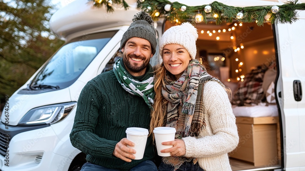 A cozy couple enjoys warm drinks outside their decorated camper van, surrounded by festive lights in a winter setting.