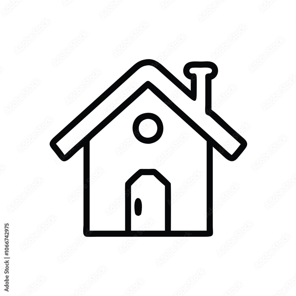 Simple House Outline Icon in Black, Minimalist black outline of a house icon featuring a roof, door, window, and chimney, ideal for real estate and home design concepts. Simple House Outline Icon in Black, Minimalist black outline of a house icon featuring a roof, door, window, and chimney, ideal for real estate and home design concepts.