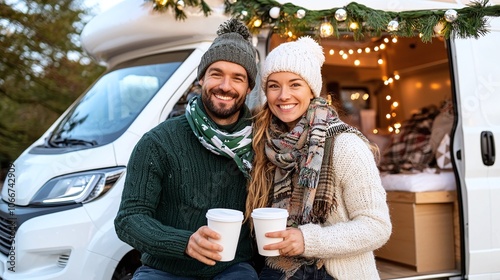 Obraz na płótnie A cozy couple enjoys warm drinks outside their decorated camper van, surrounded by festive lights in a winter setting. w salonie