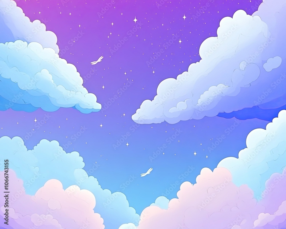 Create a dreamy gradient background with soft clouds and twinkling stars for your design projects Create a dreamy gradient background with soft clouds and twinkling stars for your design projects