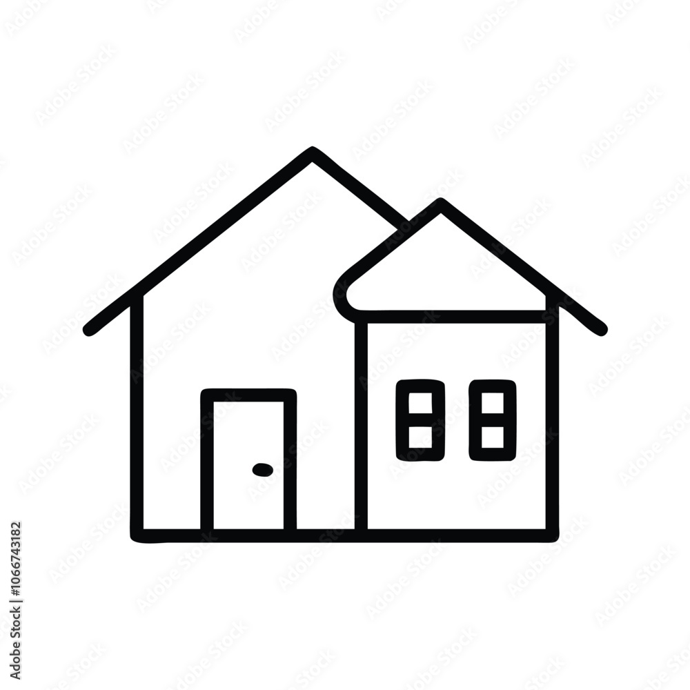 Simple House Outline Icon in Black, Minimalist black outline of a house icon featuring a roof, door, window, and chimney, ideal for real estate and home design concepts. Simple House Outline Icon in Black, Minimalist black outline of a house icon featuring a roof, door, window, and chimney, ideal for real estate and home design concepts.
