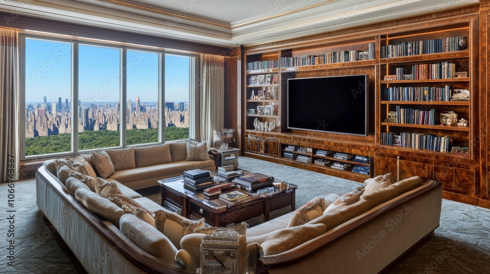 Elegant Living Room with City View and Modern Decor Elegant Living Room with City View and Modern Decor