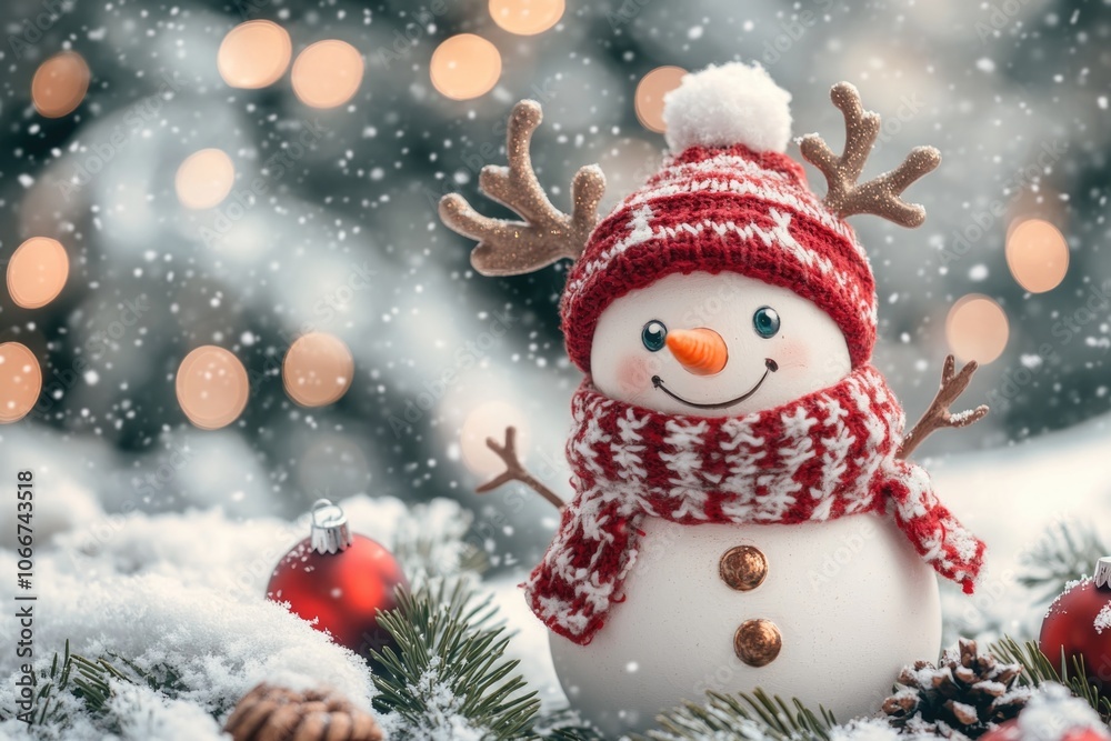 Fototapeta premium A close-up shot of a snowman dressed in winter attire, perfect for use in seasonal promotions or as a decorative element