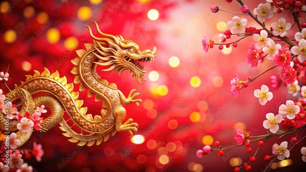 Obraz premium Chinese new year golden dragon gracefully weaves through blooming cherry blossoms on a vibrant red background, symbolizing strength and prosperity.