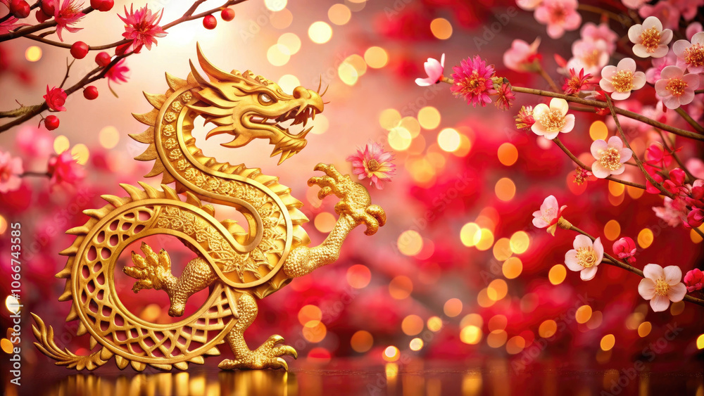 Fototapeta premium Chinese new year golden dragon surrounded by vibrant cherry blossoms, symbolizing strength and prosperity against a dreamy bokeh backdrop.
