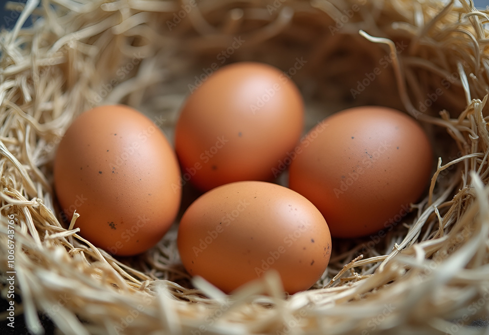 Fresh brown eggs nestled in straw in a rustic nest setting Fresh brown eggs nestled in straw in a rustic nest setting