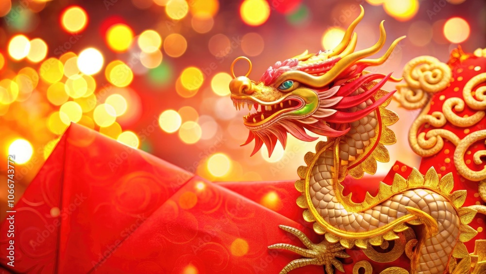 Chinese new year dragon with golden and red colors, symbolizing strength and prosperity against a festive bokeh background. Chinese new year dragon with golden and red colors, symbolizing strength and prosperity against a festive bokeh background.