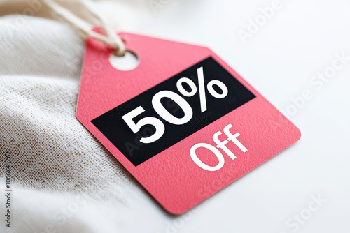 Bright pink sale tag with 50percent off, perfect for promotional materials and advertising discounts on clothing and retail items. photo