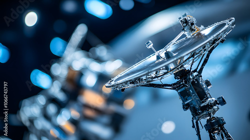 Close-Up of a Space Probe Antenna in Detail with a Softly Blurred Background of Outer Space, Emphasizing Advanced Technology, Space Exploration, and the Precision Engineering of Communication Devices 