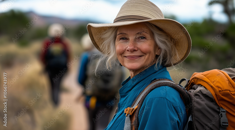 Portrait of a happy senior woman on a hiking trip with friends in the New Mexico landscape, wearing a hat and backpacks. Portrait of a happy senior woman on a hiking trip with friends in the New Mexico landscape, wearing a hat and backpacks.
