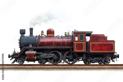 Old rusty diesel locomotive side view isolated on white background, industrial train engine with weathered metal, vintage railway transportation, cargo transport machinery, grunge look