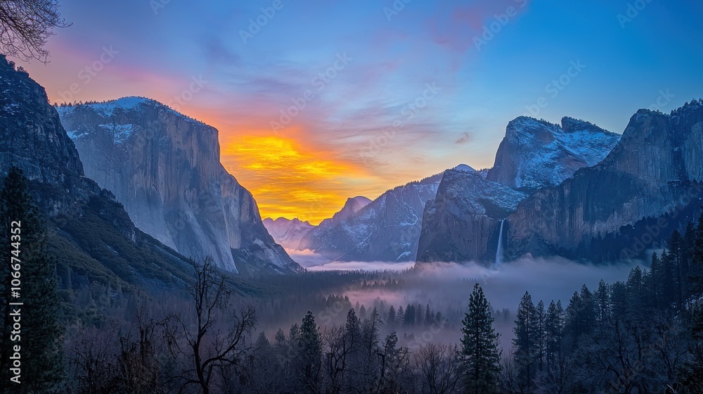 Obraz premium A breathtaking sunrise over a mountainous landscape, with misty valleys and snow-capped peaks.