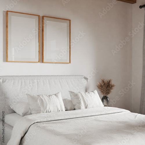 Fototapeta Naklejka Na Ścianę i Meble -  Two frame mockup, bedroom cozy modern home interior, bed empty headboard wood pattern and wall background. room 3D render